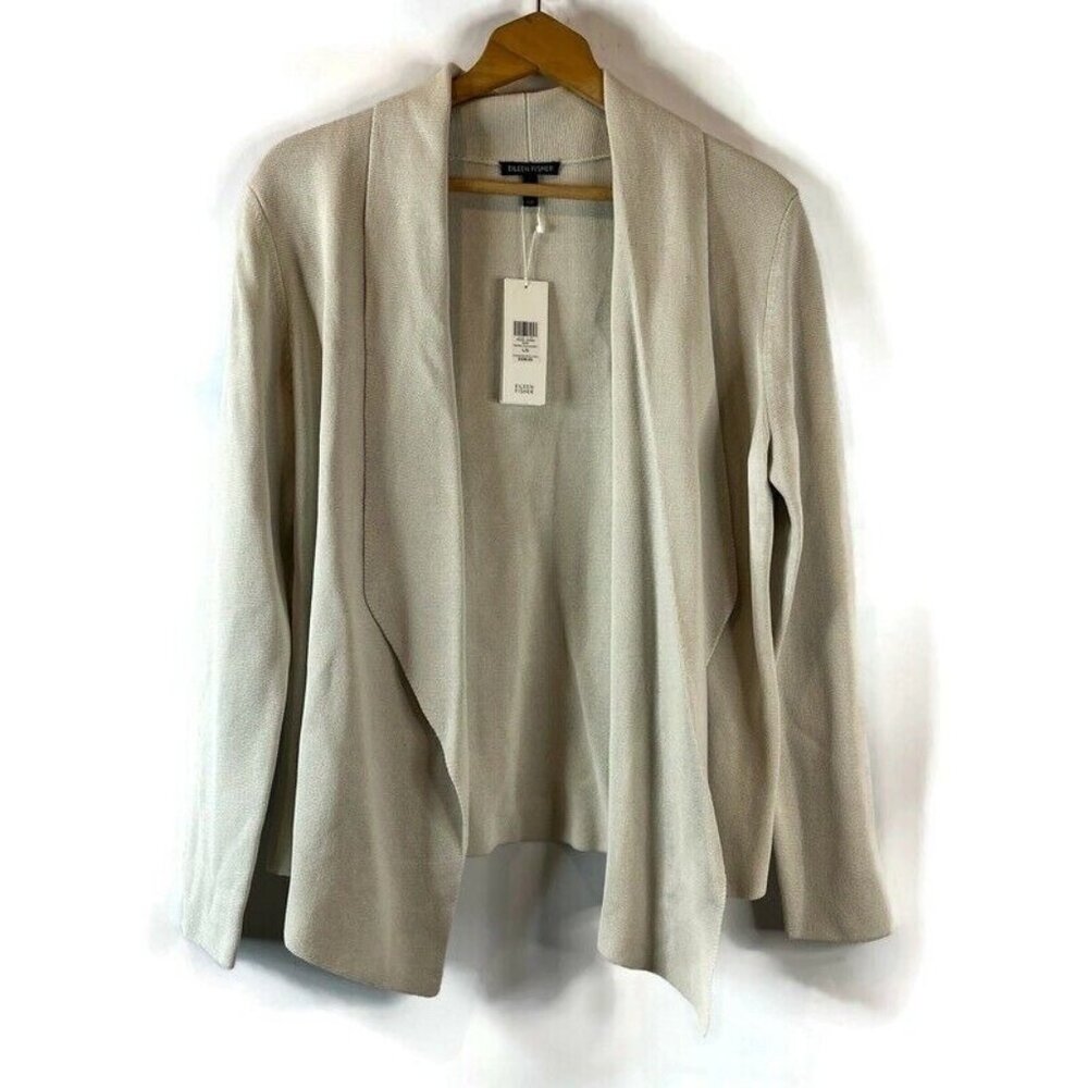 Eileen Fisher Womens Jacket Sweater Size Large Silk Collar Open Front